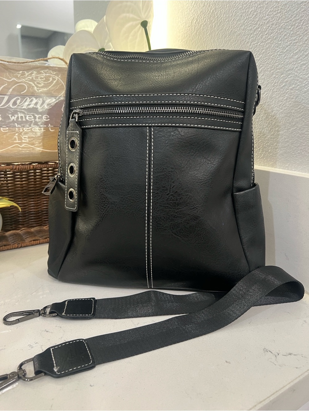 Black women Crossbody Bag with Contrast Stitching. New